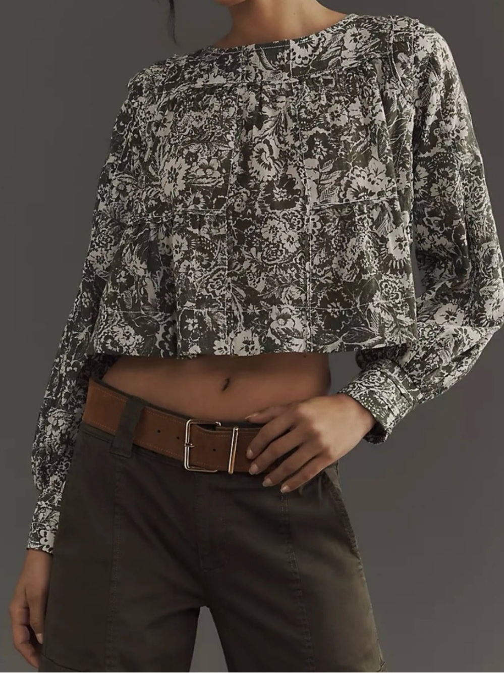 Anthropologie Maeve Green Floral Swing Blouse Boho Smocked Cuff Long Sleeve L